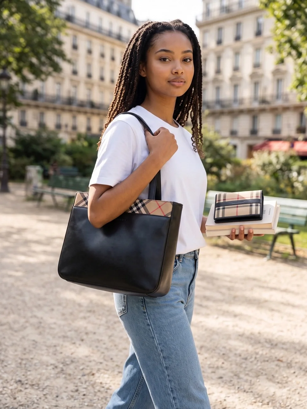 Burberry Black Leather Tote with Classic Nova Check Accent + Matching Wallet